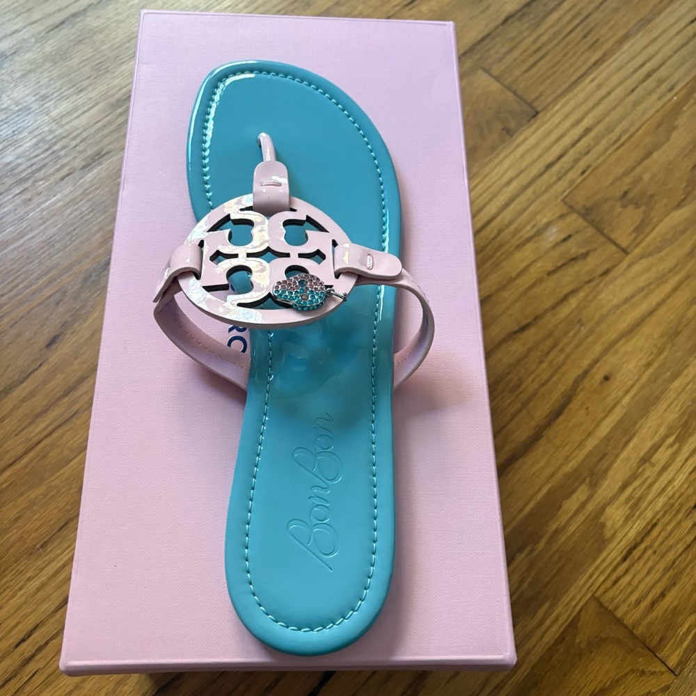 Tory Burch x BonBon Miller Patent Leather Pink and Blue Sandals Cotton Candy 10 - Picture 4 of 14
